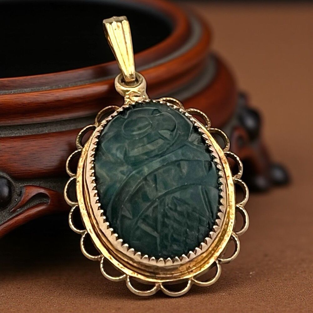 Vintage 1950s Carved Green Glass Pendant Gold Tone Oval Setting Mid Century- 7S
